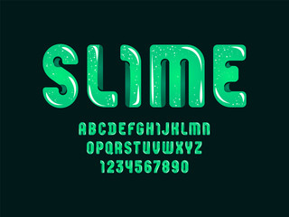 Green slime font, cute alphabet in the cartoon style, green rounded letters from A-Z and numbers from 0-9 for you designs: logo, t-shirt, card, poster, vector illustration 10EPS