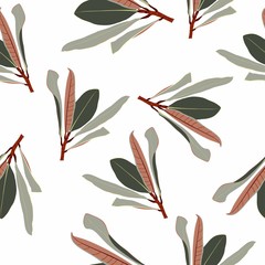 Seamless pattern, dark green, golden brown leaves on light beige background.