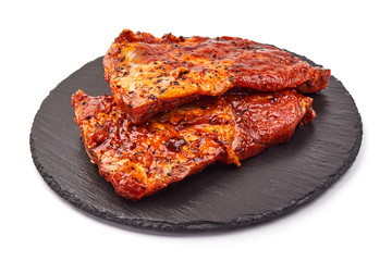 Spicy marinated ribs, BBQ, meat for grill, isolated on white background