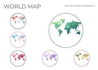Low Poly World Map Set. Van der Grinten III projection. Collection of the world maps in geometric style. Vector illustration.