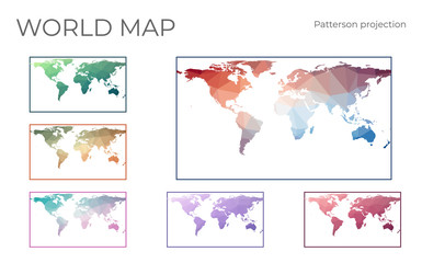Low Poly World Map Set. Patterson cylindrical projection. Collection of the world maps in geometric style. Vector illustration.