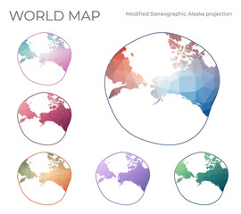 Low Poly World Map Set. Modified stereographic projection for Alaska. Collection of the world maps in geometric style. Vector illustration.