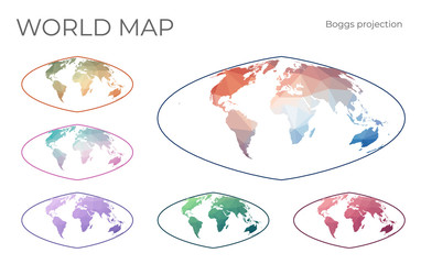 Low Poly World Map Set. Boggs eumorphic projection. Collection of the world maps in geometric style. Vector illustration.