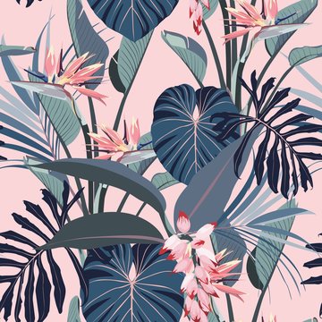 Abstract Vintage Colors Seamless Tropical Pattern With Pink Blue Leaves And Flowers On Pink Vintage Background. Seamless Exotic Pattern With Tropical Plants. Exotic Wallpaper. 