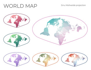 Low Poly World Map Set. Allen K. Philbrick's Sinu-Mollweide projection. Collection of the world maps in geometric style. Vector illustration.