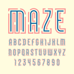 Font from bold line name is Maze, trendy colored alphabet sans serif, modern black letters and numbers, vector illustrator 10 eps