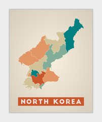 North Korea poster. Map of the country with colorful regions. Shape of North Korea with country name. Amazing vector illustration.