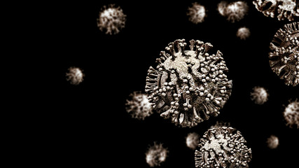Group of virus cells. Coronavirus Covid-19 outbreak, microscopic viruses close up. 3d render	