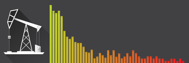 Oil price falling down graph vector concept horizontal banner with arrows and oil rigs isolated on grey background. vector business market illustration background