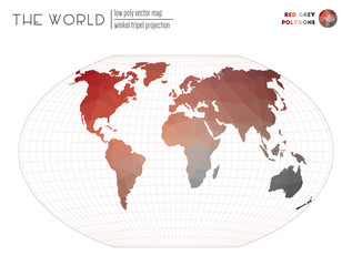 Abstract geometric world map. Winkel tripel projection of the world. Red Grey colored polygons. Elegant vector illustration.