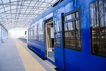 Express train at the train station. Without people, an empty train.