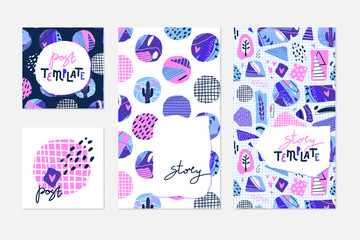 Abstract backgrounds for stories, posts, and covers. Modern hand drawn elements in collage style. Vector illustration