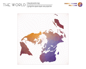 World map in polygonal style. Gringorten square equal-area projection of the world. Purple Orange colored polygons. Elegant vector illustration.