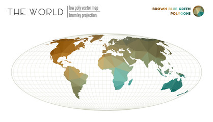 Abstract geometric world map. Bromley projection of the world. Brown Blue Green colored polygons. Beautiful vector illustration.