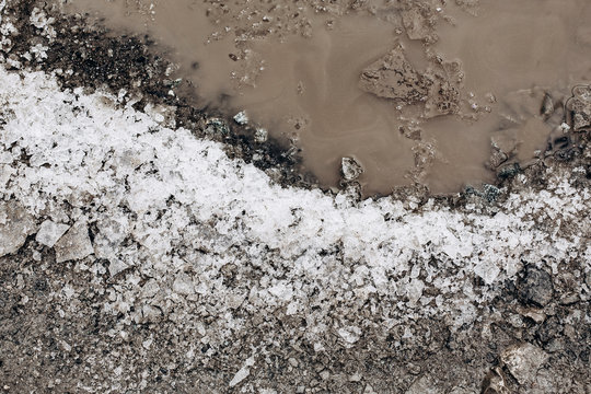 photo of a muddy puddle with pieces of ice. beautiful brown texture