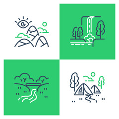 Outdoor landmarks, nature sites, hiking or trekking, ecological path, mountains viewpoint, visit waterfall, camping tents