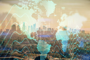 Forex chart on cityscape with skyscrapers wallpaper multi exposure. Financial research concept.
