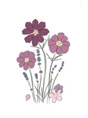 Flower bouquet. Floral frame. Flourish greeting card. Blooming flowers isolated on white background