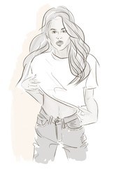 Beautiful young woman. Fashion woman. Stylish girl with long hair. Sketch.