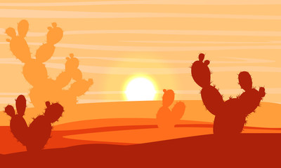 Silhouette. Desert with sand, stones and large green cacti Opuntia. Realistic vector landscape