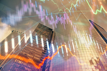 Forex chart on cityscape with skyscrapers wallpaper multi exposure. Financial research concept.