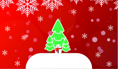 Merry Christmas Concept. Vector of snowman on the snow floor undeer the chistmas tree with snowflakes.