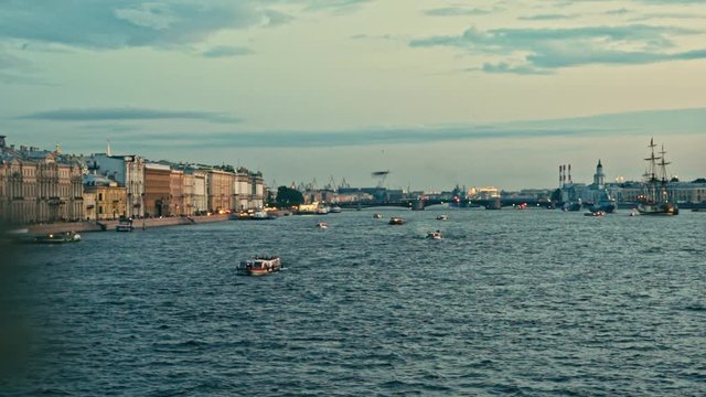 Still shot of the Neva River in St Petersburg on a calm, tranquil morning in summer. 