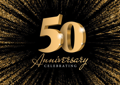 Anniversary 50. gold 3d numbers. Against the backdrop of a stylish flash of gold sparkling from the center on a black background. Poster template for Celebrating 50th anniversary event party. Vector
