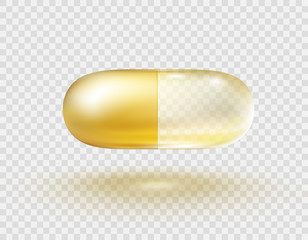 Gold bubble isolated on transparent background. Cosmetic vitamin capsule or oil pill. Vector golden 3d serum collagen sphere..