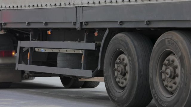 Wheel of a truck close-up, truck puts back close-up