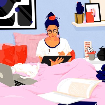Illustration of woman using digital tablet and laptop while working from home