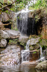 Fototapeta na wymiar Cave behind waterfall in green grove