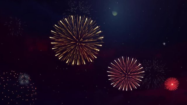 Golden big shiny fireworks with bokeh lights in the night sky Loop Animation . Birthday, Anniversary, Celebration, Holiday, new year, Party, Invitation, Christmas, festival, greeting, Diwali, Wedding