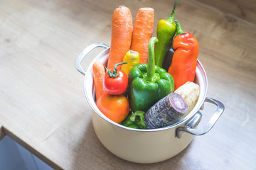 Healthy eating: Topview of fresh organic vegetables in the kitchen