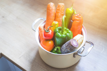 Healthy eating: Topview of fresh organic vegetables in the kitchen