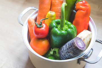 Healthy eating: Topview of fresh organic vegetables in the kitchen