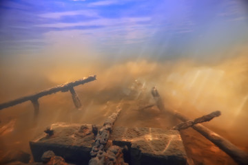 sunken boat underwater landscape, shipwreck diving, search adventure