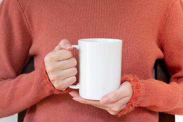 Mug mockup. Women's hands holding mug with blank space for your text or promotional content.