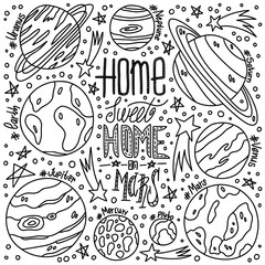 Obraz premium Hand drawn vector illustration with cartoon solar sistem planets Saturn, Earth, Neptune, Jupiter. Space lettering. Great for posters and banners. Future concept. Sweet home on Mars.