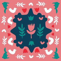 Floral folk doodle art square tile. Scandinavian style with traditional geometric shapes in festive colors. Folklore cliparts elements for tile mosaic, ceramic tableware, napkins, coasters, postcard