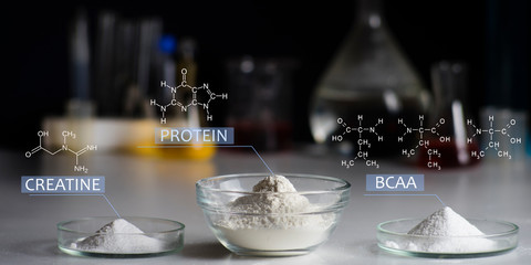 Sport Nutrition Supplement in lab. Chemical formula of creatine, whey protein, BCCA.