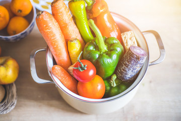 Healthy eating: Topview of fresh organic vegetables in the kitchen