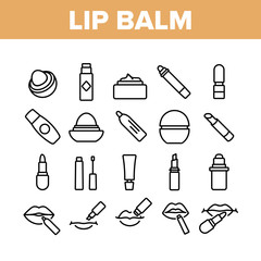 Lip Balm Cosmetic Collection Icons Set Vector. Lip Balm Package And Containers, Tube And Lipstick Fashion Beauty Accessory Concept Linear Pictograms. Monochrome Contour Illustrations
