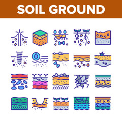 Soil Ground Research Collection Icons Set Vector. Soil Ground With Old Bone And Geyser, Drilling And Watering, Fertile And Desert Concept Linear Pictograms. Color Illustrations