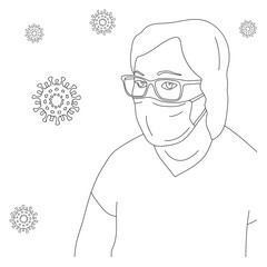 Coronavirus people Illustration. Woman wearing protecting medical mask to avoid virus infection. Black and white vector outline.
