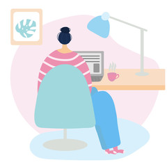 Working at home, coworking space, concept illustration. Young woman freelancers working on laptops at home. Vector flat style illustration