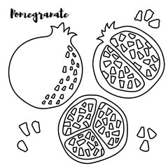 Vector round bunch of outline Pomegranate half and whole fruit, ornate leaf and seed in black isolated on white background. Pomegranate contour drawing for exotic summer design or coloring book.
