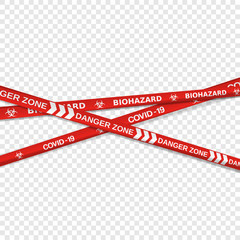 Vector illustration of 3 quarantine warning tapes crossed. Biohazard / quarantine tapes with text on transparent background. Red and white danger zone banner with copy space.