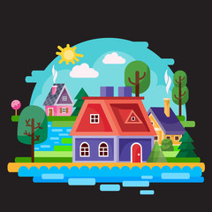 Fototapeta premium landscape of a small village among trees, bushes, grass and a river against a blue sky, black background, for games, vector illustration,