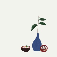 椿の蕾の一輪挿しとだるまと雑煮